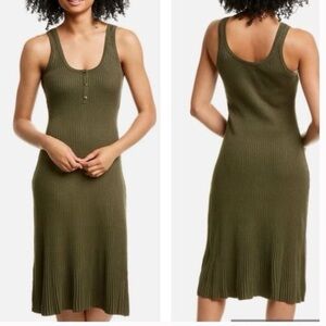 LINI Yara Ribbed Henley Sleeveless Midi Dress in Dark Olive Green